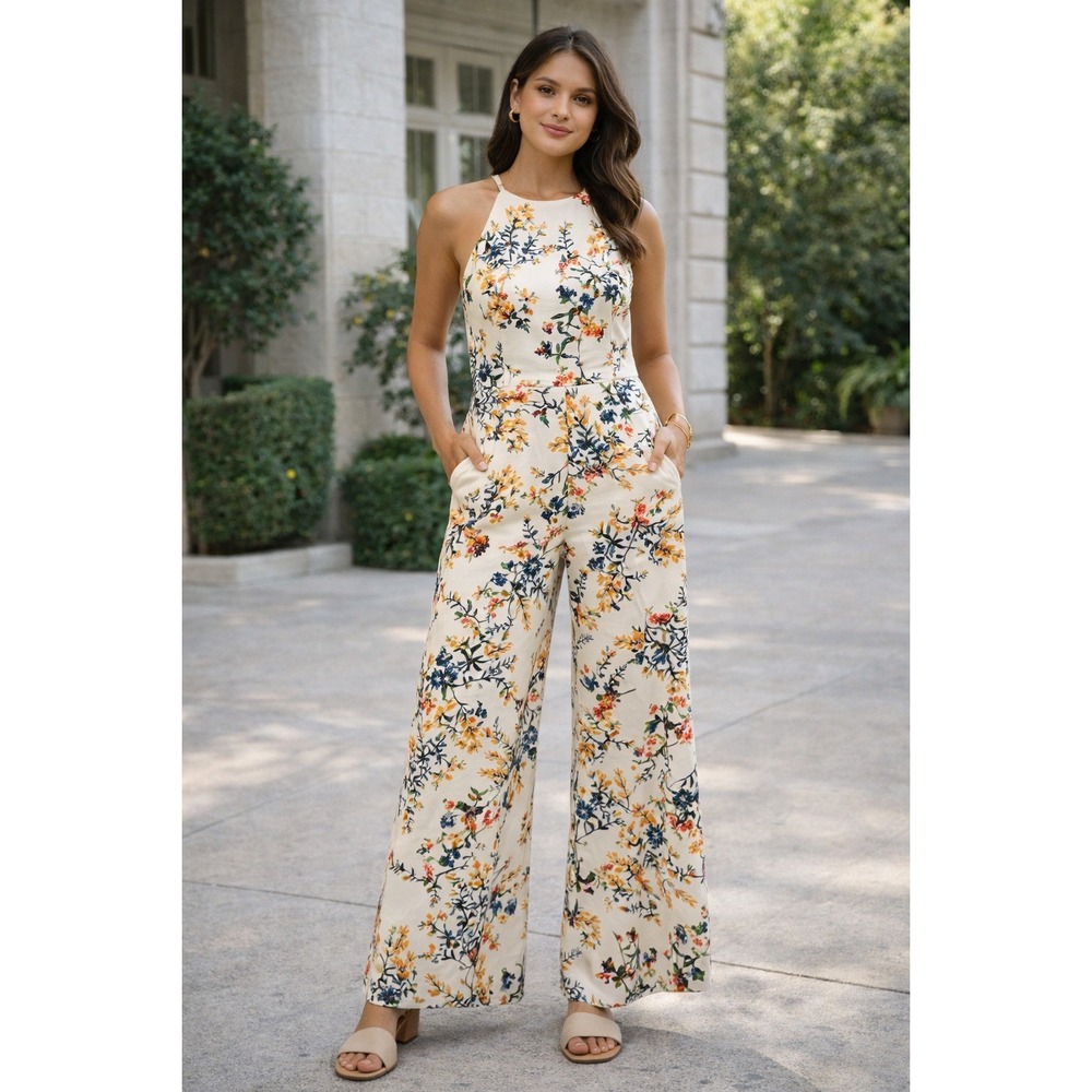 ANTONIO MELANI Floral Wide Leg Halter Jumpsuit Women's Size 6 Cream Multi